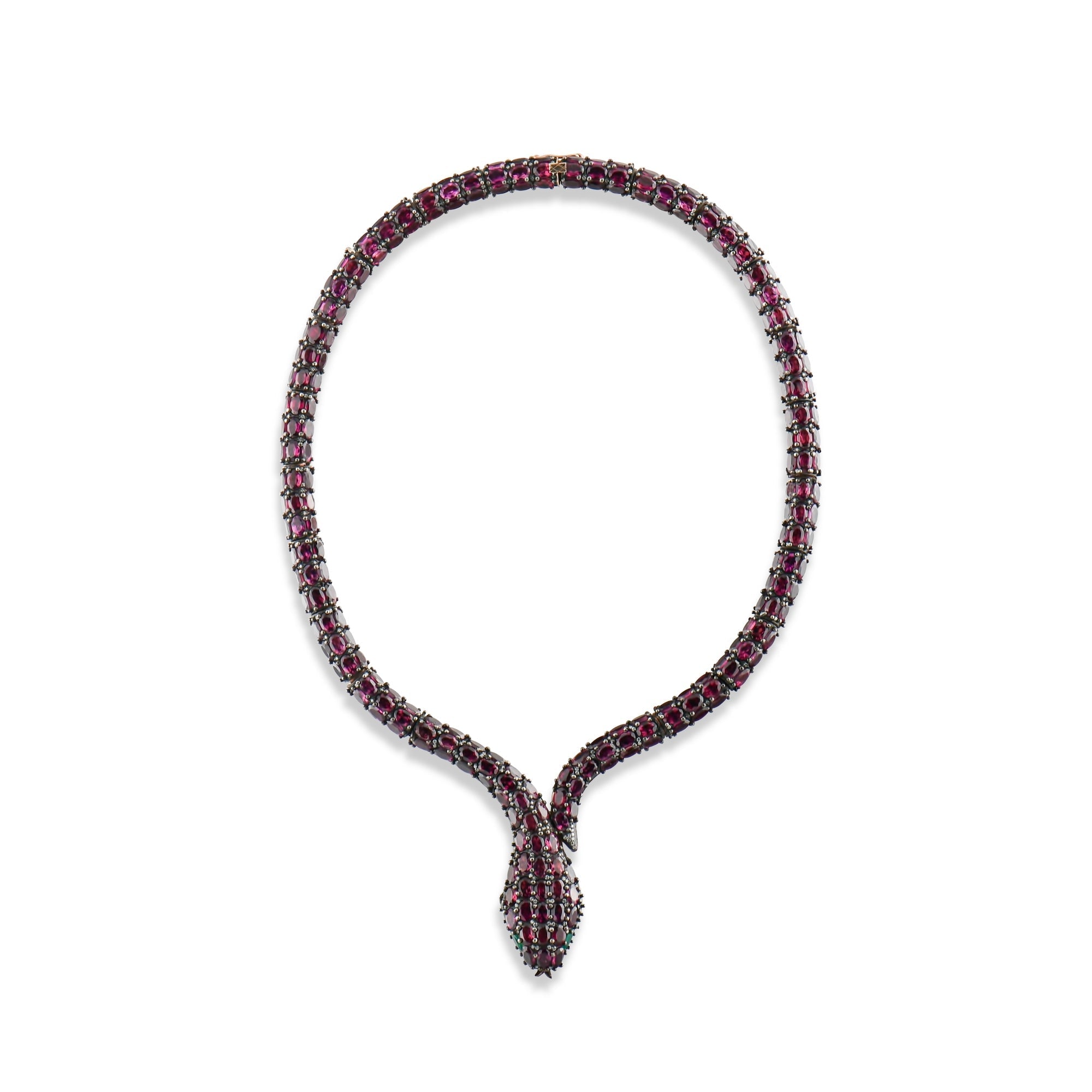 155.25 Carat Natural Diamond and Rhodolite Snake Necklace – Fine Jewelry Design - Gold Stone Diamond