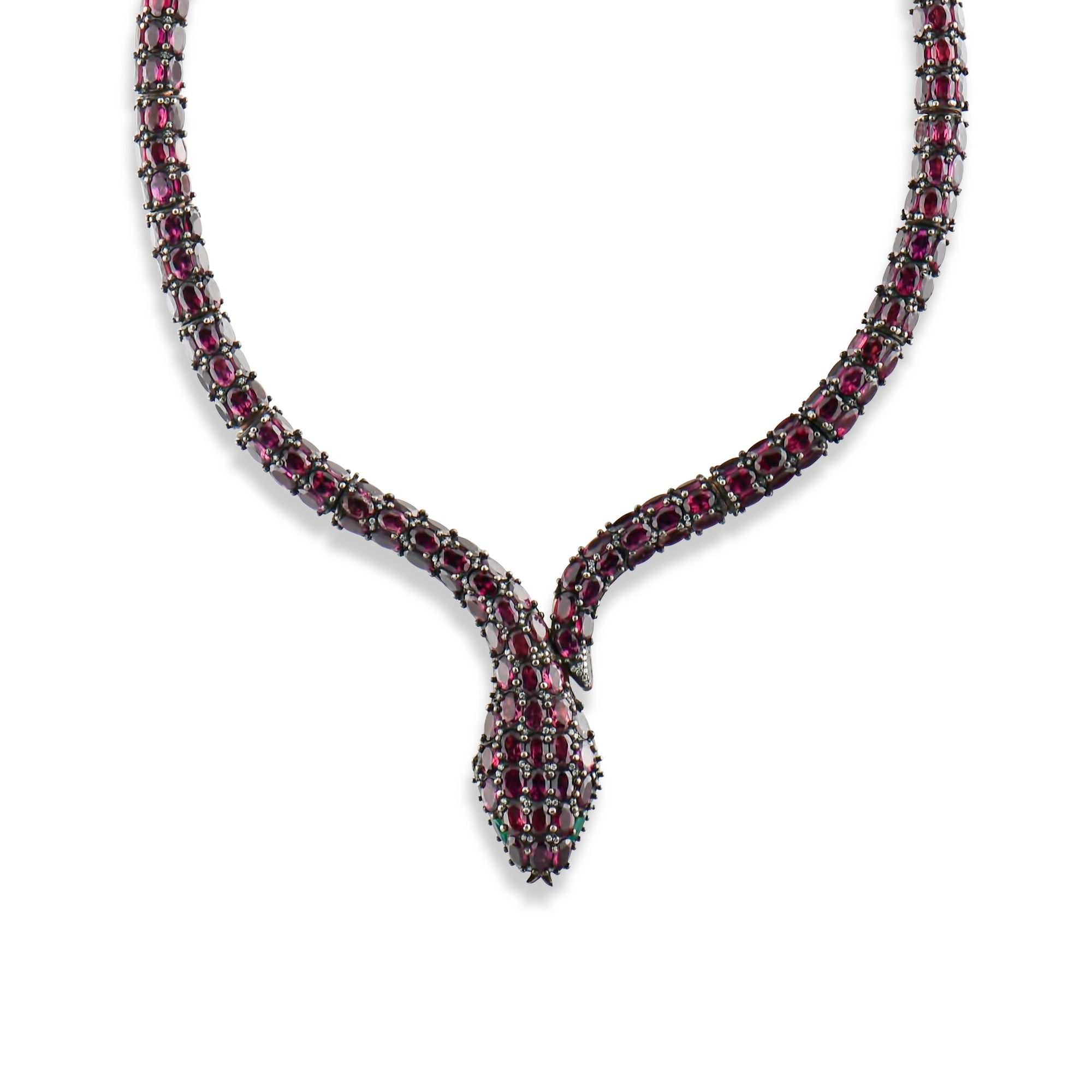 155.25 Carat Natural Diamond and Rhodolite Snake Necklace – Fine Jewelry Design - Gold Stone Diamond