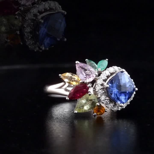 3.71 Carat Natural Diamond, Tourmaline and Sapphire Ring